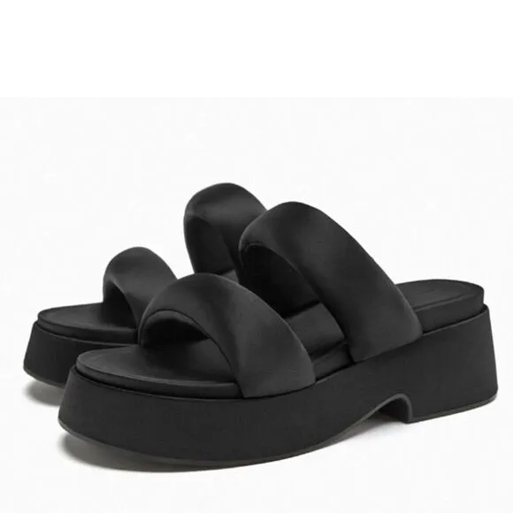 Zara Black Padded Strap Platform Chunky Sandals Shoes Size 10