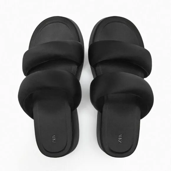 Zara Black Padded Strap Platform Chunky Sandals Shoes Size 10