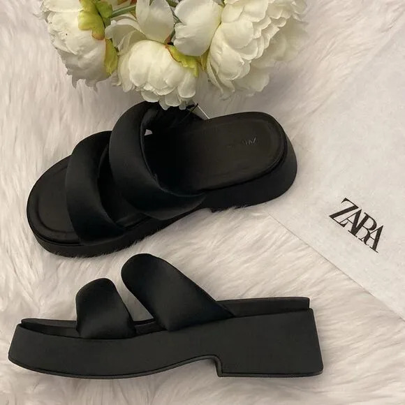 Zara Black Padded Strap Platform Chunky Sandals Shoes Size 10