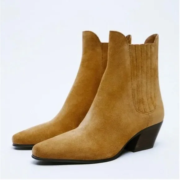 Zara Brown Suede Western Ankle Boots. NWT. Size 6.5/37