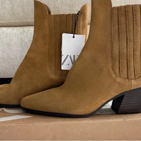Zara Brown Suede Western Ankle Boots. NWT. Size 6.5/37
