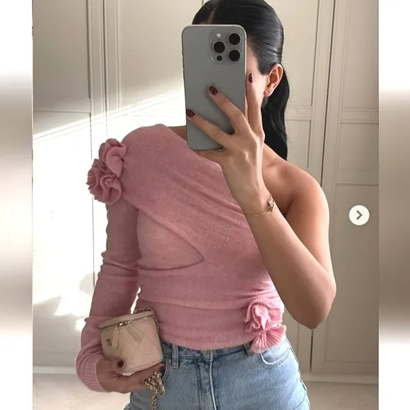 Zara raised floral knit top pastel pink