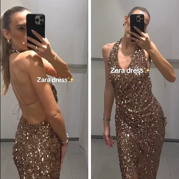 Zara SEQUIN MIDI DRESS Size M
