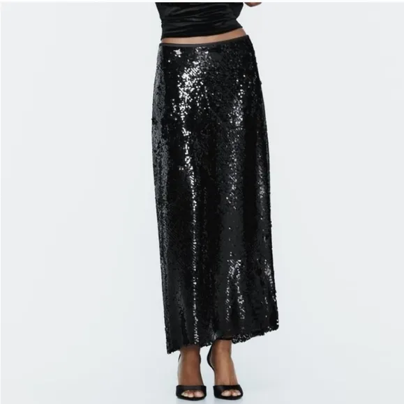 ZARA SEQUIN MIDI SKIRT size XS Black