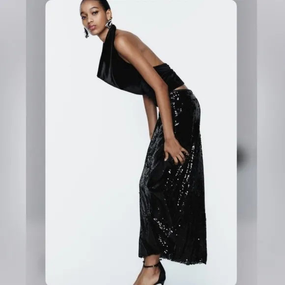 ZARA SEQUIN MIDI SKIRT size XS Black