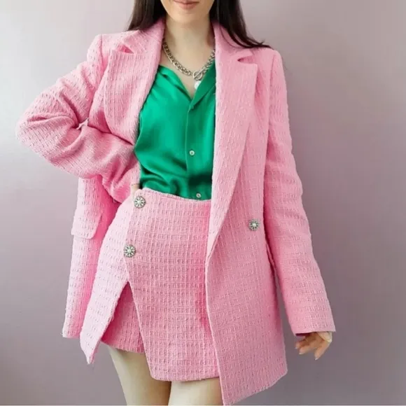 ZARA Textured Tweed pink blazer size XS