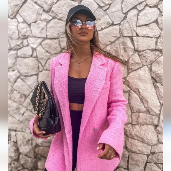 ZARA Textured Tweed pink blazer size XS