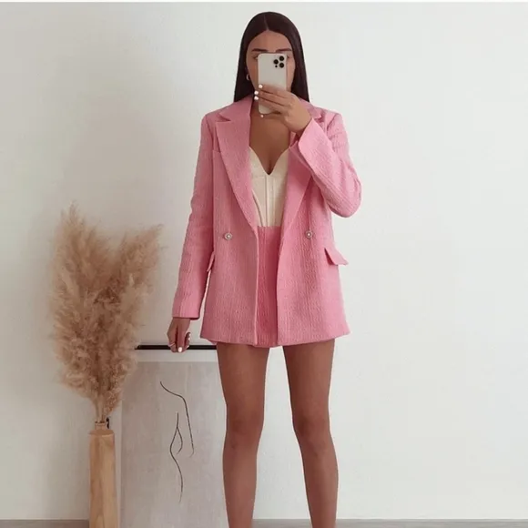 ZARA Textured Tweed pink blazer size XS