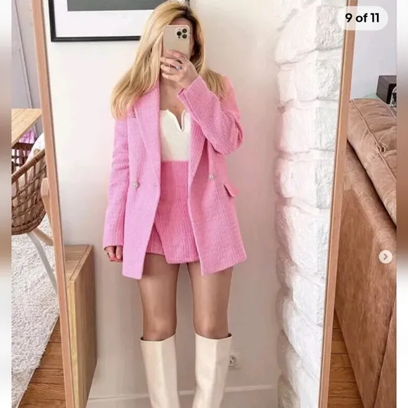 ZARA Textured Tweed pink blazer size XS