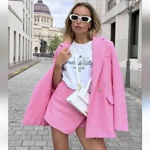 ZARA Textured Tweed pink blazer size XS